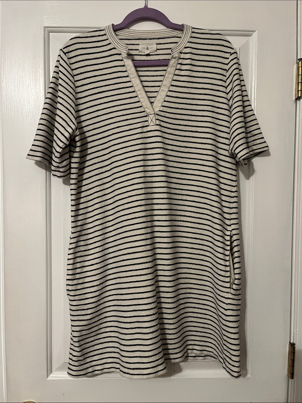 Lou and Grey Textured Terry Navy & Cream Striped V-Neck Short Sleeve Tunic Dress